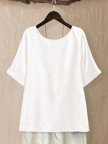 CURVE Blusa casual/diaria/de salida/simple/para viajar de manera relajada/que ilumina, de cuello redondo, de color verde pradera texturizada, talla grande, para primavera/verano - Blanco - Ver 2