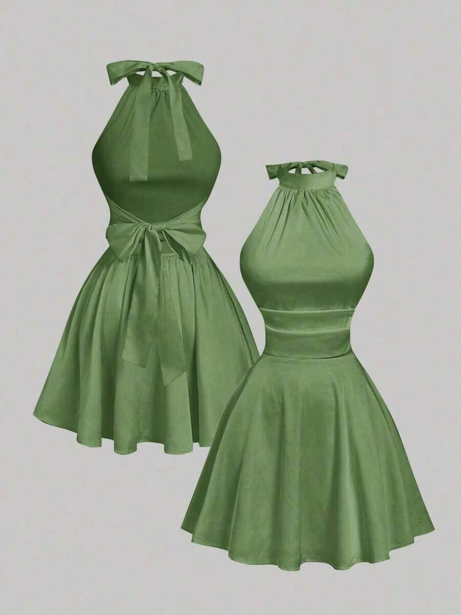 MOD Vestido mini con espalda descubierta, retorcido y fruncido en unicolor para mujer, vestidos de otoño para mujer, vestido, vestido, Acción de Gracias, vestidos elegantes para fiesta, vestido de invitada de boda, vestido de graduación, vestido de gala, vestido de noche elegante para boda - Verde - Ver 1