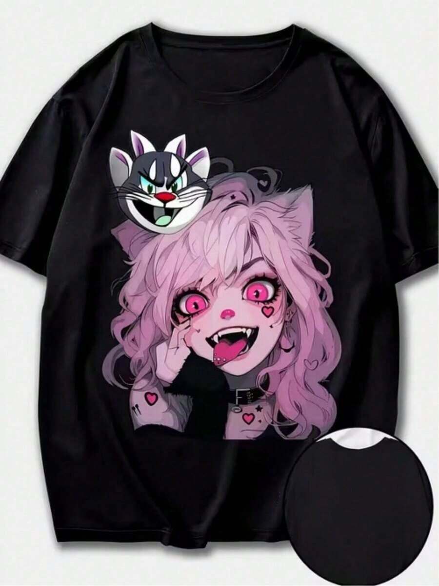 100% algodón Rosa - Gato Peludo - Camiseta Casual de Manga Corta con Estampado de Niña con Gato Sonriente - Camiseta Estampada con Patrón y Texto para Mujer - Negro - Ver 1