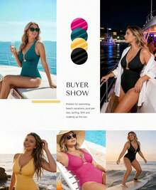 1PCS Tummy Control Swimsuits One Piece V Neck Slimming Bathing Suit For Women Cutout Ruched Shapewear Swimwear - 粉色 - 查看 4