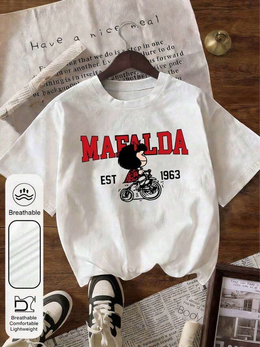 Camiseta de manga corta con cuello redondo y estampado para mujer. Perfecto para citas, desplazamientos diarios y salidas informales. Diseño clásico minimalista de cuello redondo, fácil de combinar y adecuado para todas las formas de cuerpo. - Blanco - Ver 1