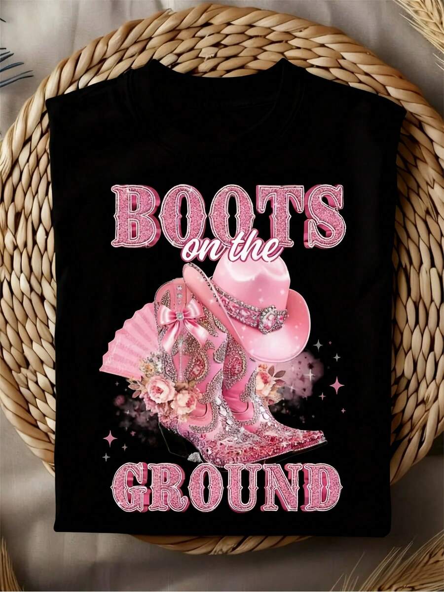 Women's Western Style Denim T-Shirt - Rhinestone And Pink Boot Print, Short Sleeve Crew Neck Solid Color Top, Suitable For Country Parties, Rodeos, Casual Wear - Breathable Spring Summer Outfit - Black - View 1