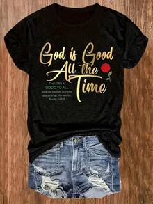 Camiseta casual de talla grande para mujer, con cuello redondo, estampada con las palabras "God is always good", elegante diseño de letras, tejido de punto de poliéster, elasticidad media, adecuada para todas las estaciones, 180 gramos por metro cuadrado - Negra--Ligera y transpirable. - Negro - Ver 2