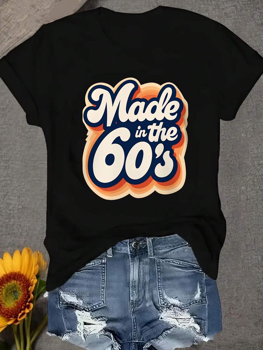 Fabricada en la década de 1960, camiseta de mujer de cuello redondo, cómoda y suave. - Negro - Ver 1