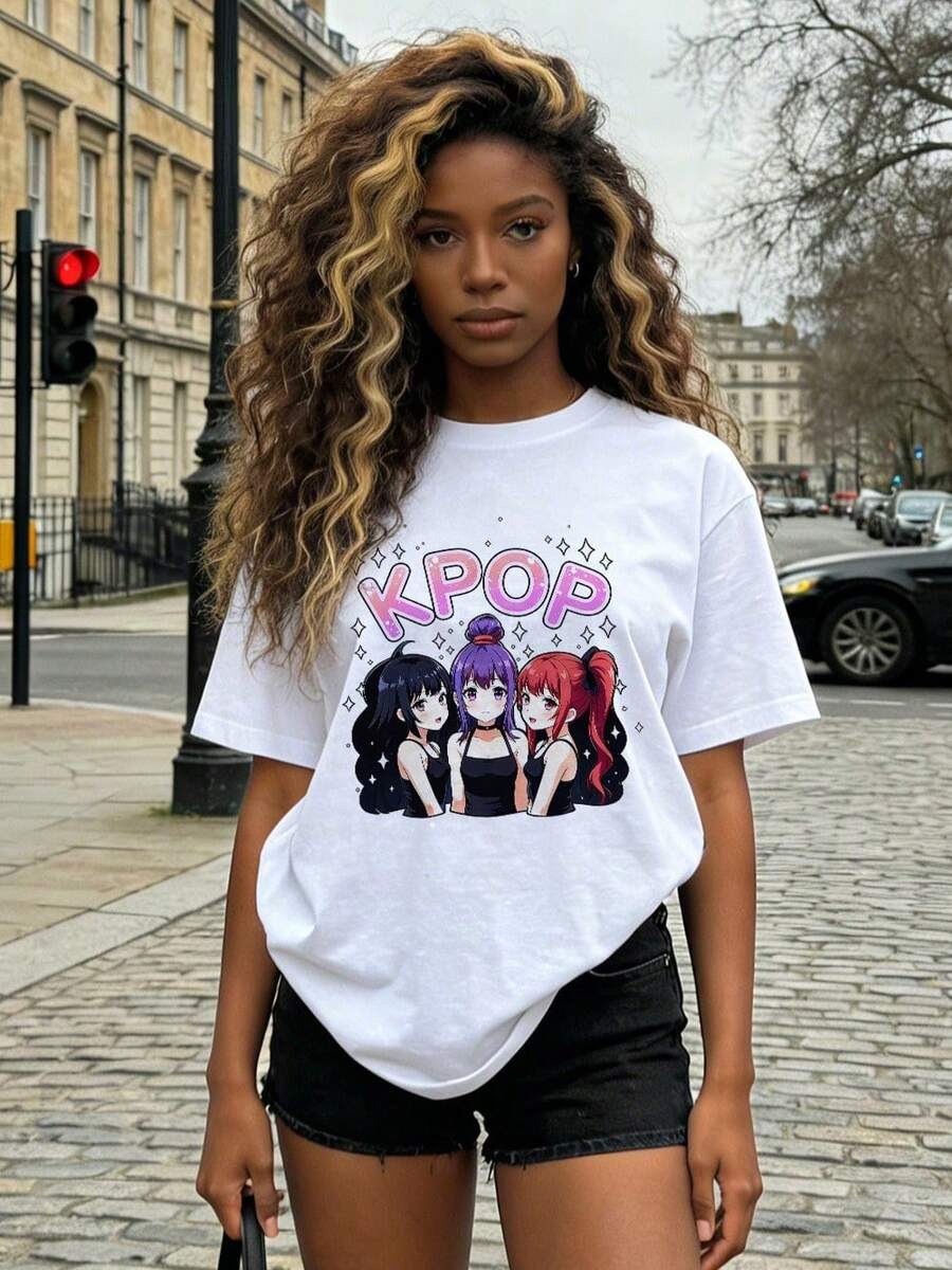 Women's Summer Clothes, Soft And Casual Cotton T-Shirt With Round Neck, K-Pop Idol Style Print For Girls. White. - 白色 - 查看 1