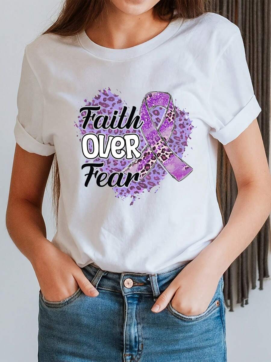 Vintage T-Shirt With "Faith Over Fear" Print, Short Sleeves And Round Neck, For Spring And Summer, Casual Clothing For Women, Everyday Wear T-Shirt. - 白色 - 查看 1