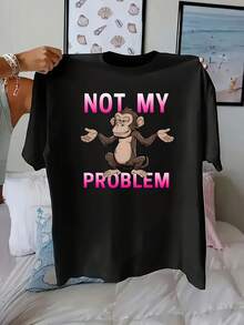 Camiseta de Talla Grande para Mujer con Estampado Divertido de Mono, Cuello Redondo, Lavable a Máquina - Negro - Ver 7
