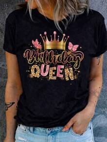 Birthday Girl Design T-Shirt, With The Text Birthday Queen, With Fun Style, Printed, Modern, Cute, Colorful, Round Neck T-Shirt, Short Sleeve, Ideal For Every Day, Eye-Catching, Loose, Fashionable, Ideal For You And Celebrations. - 黑色 - 查看 1