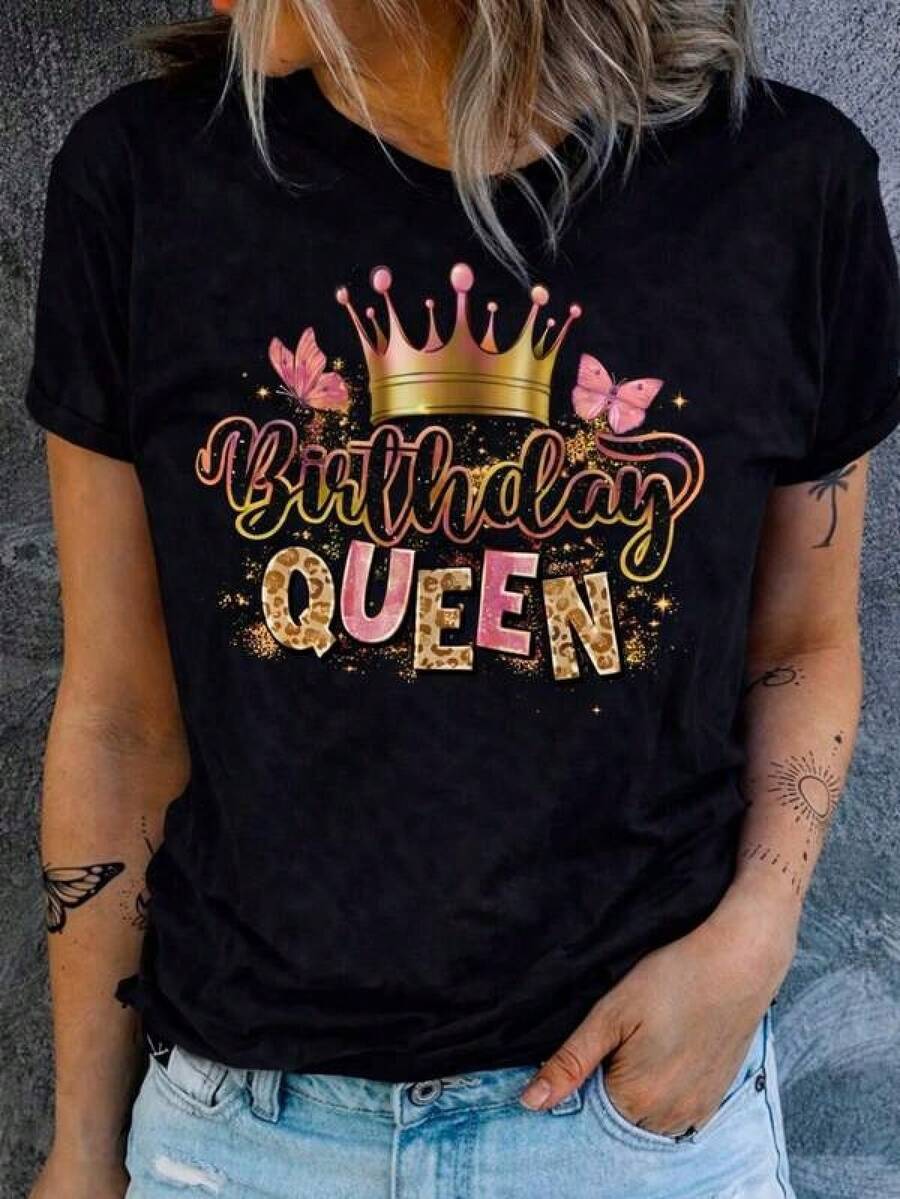 Birthday Girl Design T-Shirt, With The Text Birthday Queen, With Fun Style, Printed, Modern, Cute, Colorful, Round Neck T-Shirt, Short Sleeve, Ideal For Every Day, Eye-Catching, Loose, Fashionable, Ideal For You And Celebrations. - 黑色 - 查看 1