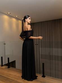 Long Dress With Cape For Wedding, Evening, Or Graduation. - Black - View 2
