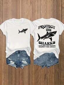 Plus Size Shark Print Short Sleeve T-Shirt - Plus Size Women's Clothing - Casual Crew Neck Short Sleeve T-Shirt For Spring And Summer 100% Cotton - 白色 - 查看 5
