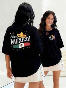 Viva México Sombrero And Flag Printed T-Shirt For Women With Vibrant Details That Celebrate Mexican Culture And Its Festive Spirit. 100% Soft And Comfortable Cotton. Suitable For Spring, Summer And Autumn - 黑色 - 查看 1