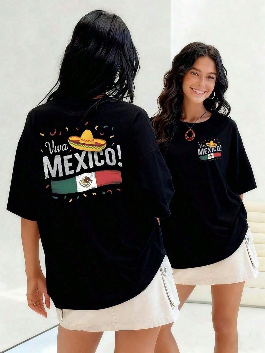 Viva México Sombrero And Flag Printed T-Shirt For Women With Vibrant Details That Celebrate Mexican Culture And Its Festive Spirit. 100% Soft And Comfortable Cotton. Suitable For Spring, Summer And Autumn - 黑色 - 查看 1