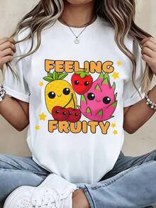 Casual T-Shirt With Cute Fruit Design, Loose Fit White Casual T-Shirt With Pineapple, Strawberry, Dragon Fruit And Cherry Print, Women's Top, 100% Cotton, Durable - 白色 - 查看 7