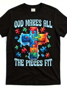 Camiseta Cristiana para Mujer con Diseño de Autismo Dios hizo que todas las piezas encajaran, Camiseta Casual con Cruz de Rompecabezas,% Algodón, Colores Cómodos, Diseño de Cuello Redo - Blanco - Ver 4