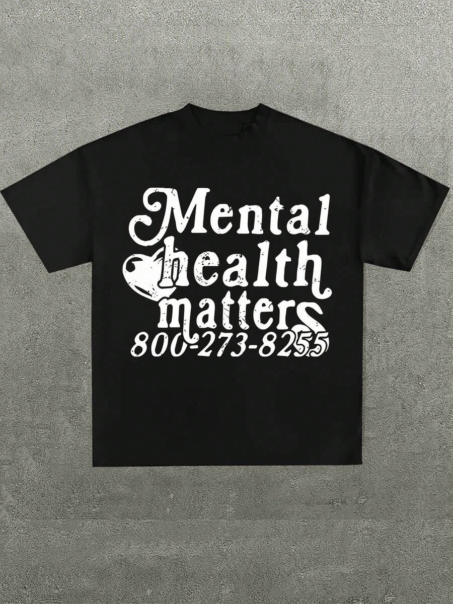 Men's 100% Cotton T-Shirt, Plus Size, Crew Neck, Short Sleeve, 220g, Casual Print, For Going Out, Gift, Summer, Unisex, Mental Health Matters 800-273-8255 (1 Piece) - 黑色 - 查看 1