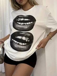 FASHIOGIRL Short Sleeve T-Shirt With Round Neck, Black And White Lip Print, Casual Minimalist Urban Style, Loose Fit For Women, Cotton Blend, Summer - 白色 - 查看 6
