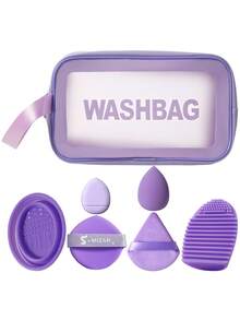 Set de 7 piezas de herramientas de belleza todo en uno con bolsa de lavado transparente, esponjas de maquillaje, borlas de polvo triangulares, tazón limpiador de brochas de silicona y cepillo de limpieza, kit completo de limpieza de esponjas y brochas de maquillaje para viajes y uso diario - Morado Violeta - Ver 12