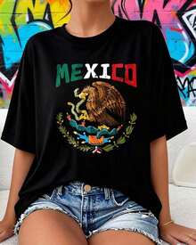 Camiseta de Mujer para el Día de la Independencia de México.Ropa de verano Ropa de verano para mujer Camiseta de manga corta / camiseta de manga corta - Negro - Ver 5