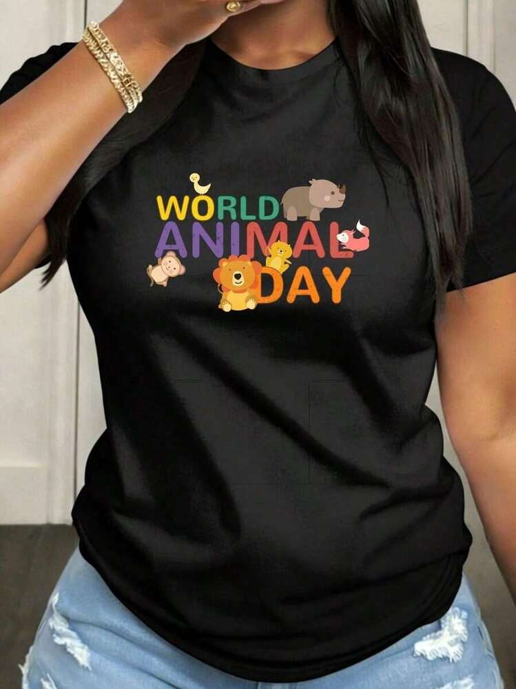 Women's T-Shirt For World Animal Day, Casual, Short Sleeve, Round Neck, Medium Elasticity Fabric, Suitable For Spring, Summer And Autumn Casual Wear, Machine Washable, Fun Design - 黑色 - 查看 7