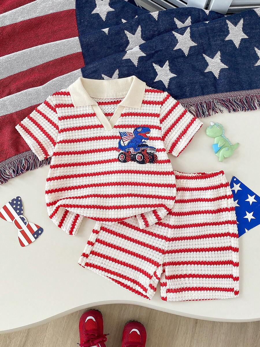 2pcs/Set Toddler Boys' Cute Embroidered Dinosaur V-Neck Casual Sports Outfit, Collar 2-Piece Set, Suitable For Outings And Play, Independence Day/Holiday Edition - Red - View 1