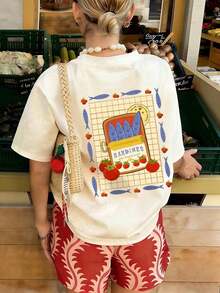 Women's T-Shirts With Sardine And Tomato Print On The Back, Loose Fit, Round Neck, Short Sleeve, Casual Style For Everyday Summer Wear. - 杏色 - 查看 2