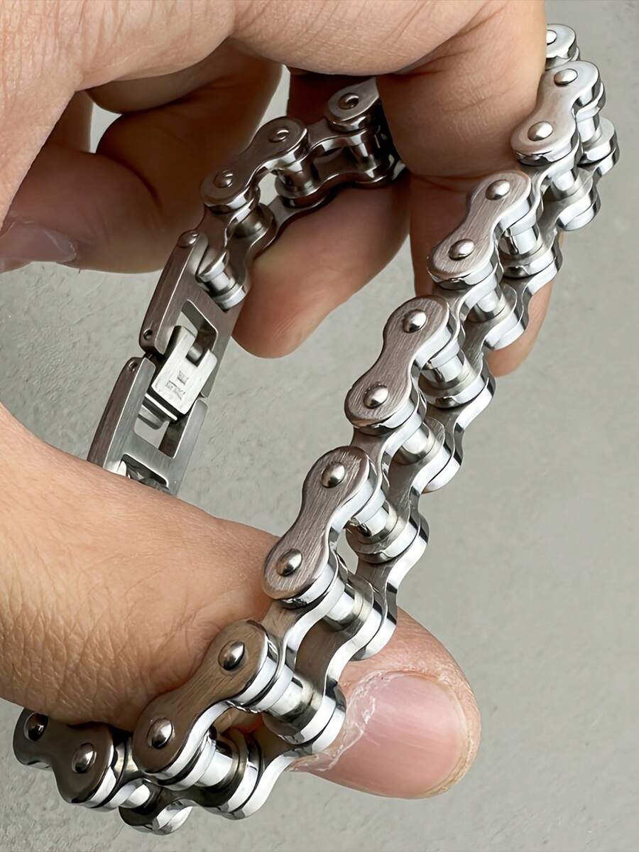 1pc Men's Heavyweight Stainless Steel Motorcycle Chain Bracelet, Biker Jewelry Gift, Chain Design With Punk Rock Style - Multicolor - View 1