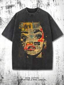 1 camiseta de manga corta con cuello redondo para mujer, de estilo vintage lavado, hecha de tela suave y agradable al tacto de 230 g, perfecta para uso diario versátil, con un diseño artístico de collage de periódicos, 100% algodón de 180 g. - Negro - Ver 1