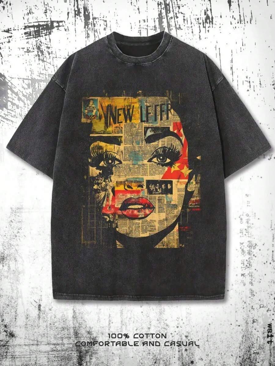 1 camiseta de manga corta con cuello redondo para mujer, de estilo vintage lavado, hecha de tela suave y agradable al tacto de 230 g, perfecta para uso diario versátil, con un diseño artístico de collage de periódicos, 100% algodón de 180 g. - Negro - Ver 1