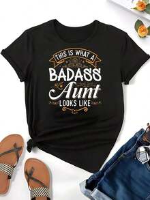 Cool Aunt 1 Pieza Camiseta de Mujer Oversize con Estampado Gráfico, Manga Corta, Novedosa, 100% Poliéster, Cuello Redondo Casual, 100% Algodón - Negro - Ver 6