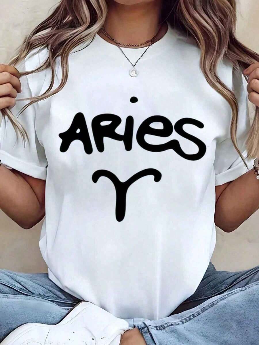 Soft, Breathable, And Lightweight For All-Day Comfort. Women's T-Shirt With An Aries Zodiac Sign Print, Crew Neck, Casual Style For Everyday Wear, Ideal As A Gift, 220g. Classic Crew Neck With A Relaxed Fit That Flatters All Body Shapes And Is Easy To Pair With Jeans, Shorts, And Leggings. - 白色 - 查看 1
