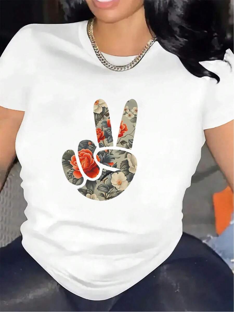 Fashionable Women's Short-Sleeved T-Shirt With Floral Print And Peace Symbol | Lightweight Round Neck, Medium Elasticity, Suitable For Casual Wear At Home, In Cafes Or For Outdoor Activities, Comfortable And Durable, Matches Well With Brightly Colored Fashion Clothes. - 白色 - 查看 1
