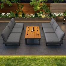 Garden Furniture Set, Grey, 3-Piece Set With 2 Sofas, Table, Powder-Coated Iron Frame, Adjustable Backrest, Acacia Wood, Adjustable Table, Including All Seat Cushions And Pillows - 灰色 - 查看 5