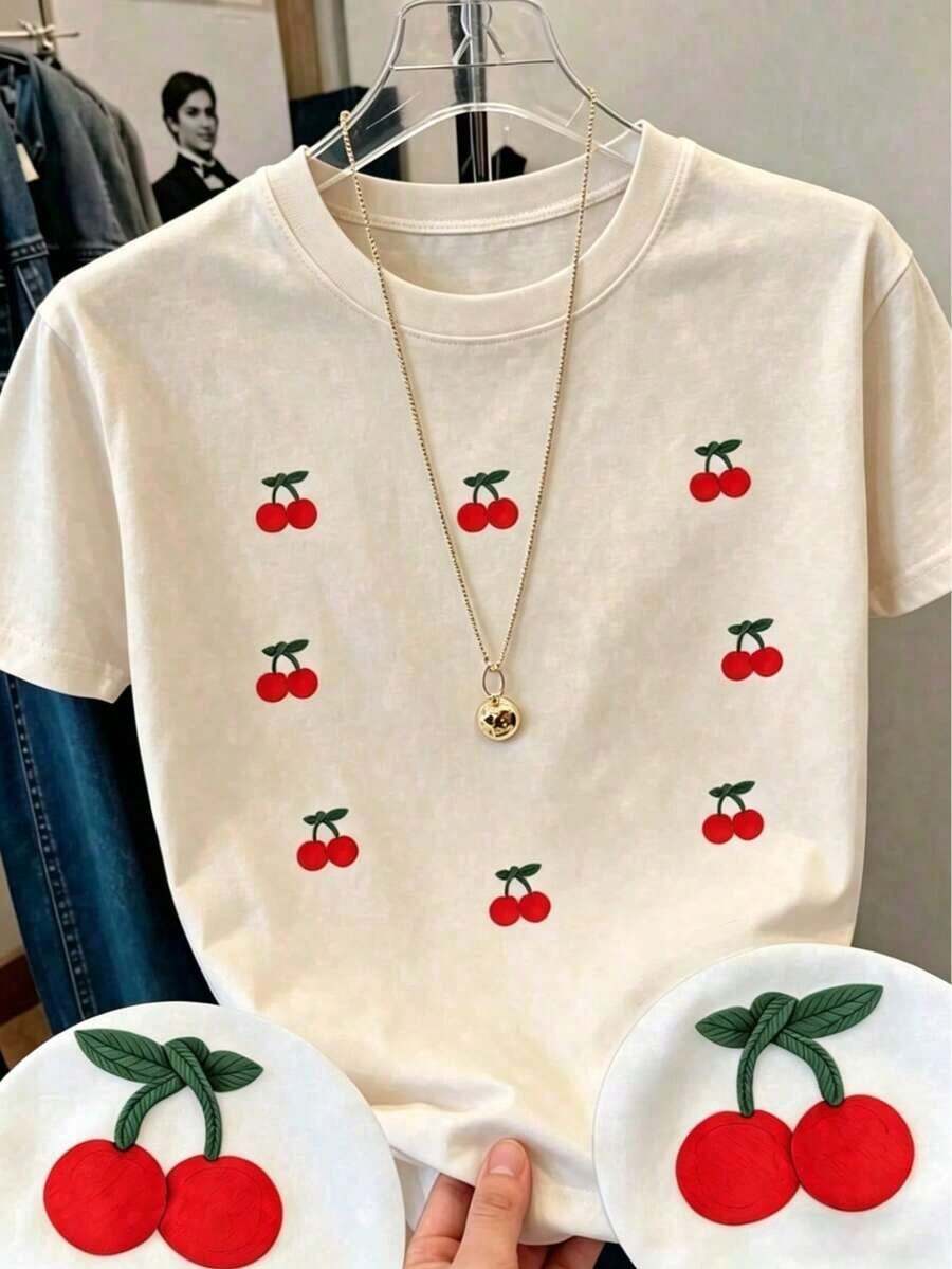 Envío gratis, entrega local enéxico, entrega en 4 días. Camiseta con diseño de cerezas rojas, estilo bordado pero estampado, colorida, casual, moderna, cuello redondo, manga corta, para uso diario, llamativa, holgada, a, para ti. - Albaricoque - Ver 1
