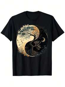 Camiseta Unisex de Manga Corta Negra de Algodón con Cuello Redondo y Diseño Doble de Sol y Luna del Árbol de la Vida Yin-Yang - Negro - Ver 7