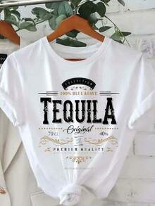 Camiseta ajustada de cuello redondo para mujer con estampado de etiqueta de tequila vintage - Combinación de colores negro y dorado con llamativas inscripciones "100% Blue Tequila" y "Premium Quality" | La elección perfecta para uso casual o para amantes del tequila | Una declaración de moda única, exclusiva (2026) - Adecuada para uso diario, vacaciones y fiestas. - Blanco - Ver 2