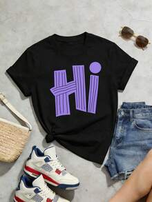 Women's Short-Sleeved T-Shirt, Casual Summer Style, With A Soft Round Neck, Featuring A Versatile American Haute Couture Minimalist Style In A Dopamine-Inspired Color With The Letter HI. White. - 黑色 - 查看 3