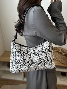 女士白色蕾丝蝴蝶刺绣抽绳单肩包，日常休闲手提包 - 黑色 - 查看 4
