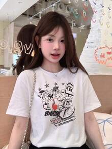 Áo thun ngắn tay nữ mùa hè dáng rộng, chất liệu cotton, in chữ và hoạt hình. - trắng - Xem 3