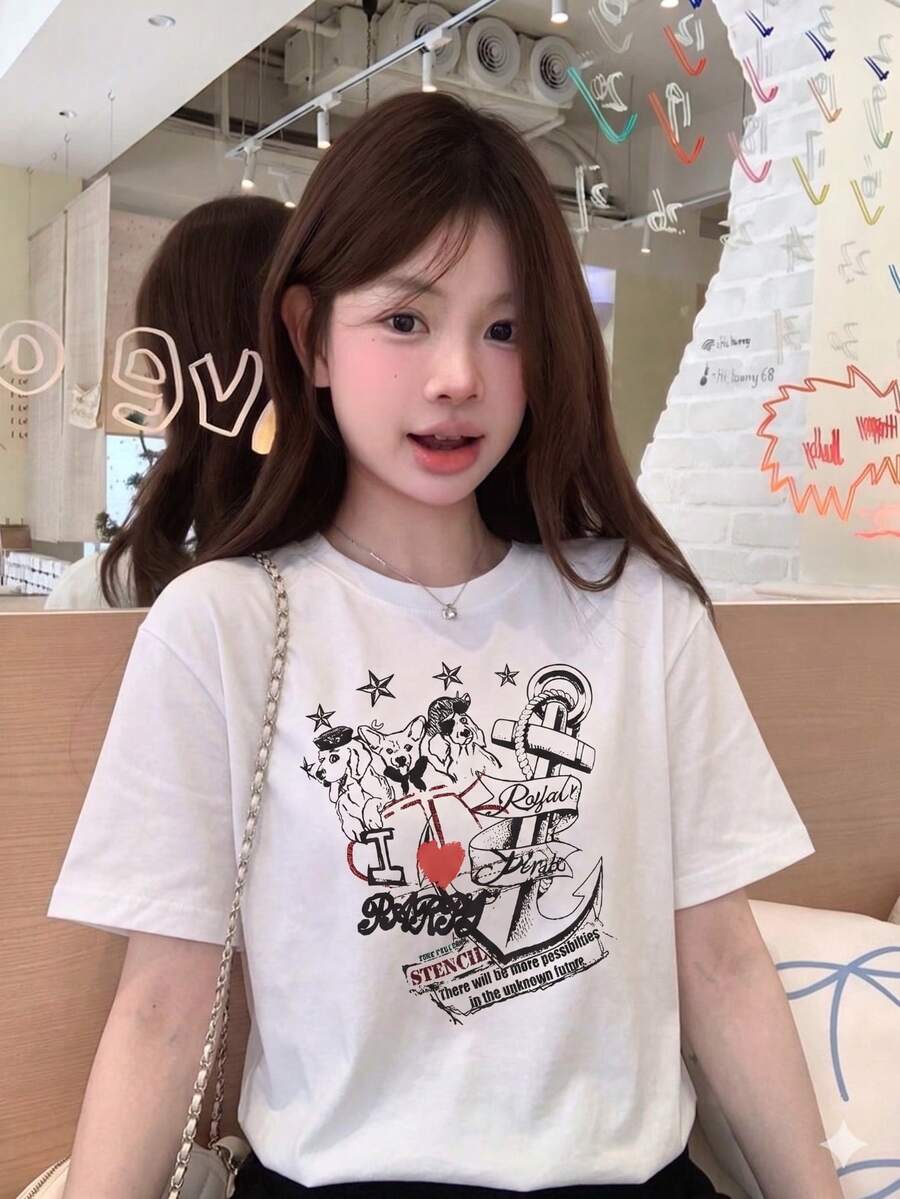 Y2K Retro Streetwear Style Women's Summer Casual Loose Letter & Cartoon Print Short Sleeve T-Shirt White - White - View 1