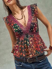 Blusa de verano casual de mujer con cuello en V, mangas cortas y encaje, con estampado floral ditsy para festivales de música, vacaciones y fiestas - Negro - Ver 4