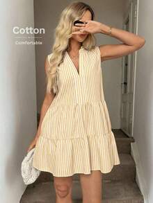 Vestido corto bohemio informal de estilo occidental y country con bordados y contraste de colores, sin mangas y escote en V, adecuado para uso diario, ir al trabajo y actividades al aire libre en verano - Amarillo - Ver 5