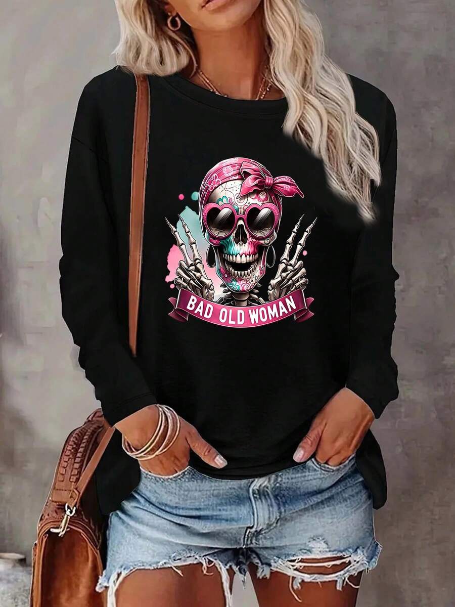 Camiseta casual de manga larga y cuello redondo para mujer con estampado de letras, ideal para las temporadas de otoño e invierno - Negro - Ver 1