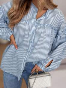 2026 New Ruched Striped Long Sleeve Shirt With Front Buttons, Casual Wear For Spring And Summer - Blue - View 6