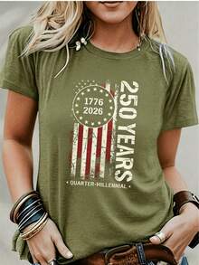 250th Anniversary 1776–2026 Women's T-Shirt, American Flag Cartoon Print, Round Neck Short Sleeve, Casual Loose Fit, Soft Breathable - 綠色 - 查看 1