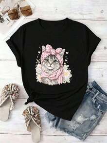 permeability2026Camiseta de mujer con estampado floral de gatito adorable, cuello redondo, corte relajado, estilo casual, ajuste cómodo, estampado llamativo.coolspacious - Negro - Ver 2