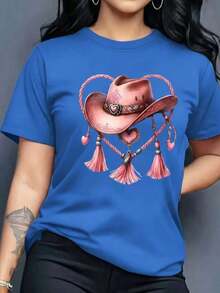 1 Piece Casual Fashion For Men And Women Graphic T-Shirt Ladies Women Short Sleeve Round Neck Casual Comfortable Cool Light Modern Youth Regular Cut Prints Hat Denim Denim Denim Heart Bow Rope Boho Bohemian Style, Versatile, Easy To Match, Suitable For Daily Wear, Urban Style, Holiday Outfits, Weekend Outfits. - 藍色 - 查看 6