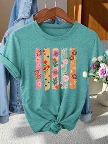 Elegante Camiseta de Fiesta para Mujer con Estampado Floral Colorido, Cuello Redondo y Manga Corta| Elegante y fotogénico, perfecto para primavera/verano/otoño. - Azul eléctrico - Ver 6