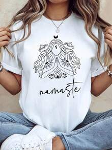 Camiseta de Mujer con Estampado de la Diosa Namaste, Camiseta para Práctica de Meditación, Estilo Zen Pacífico, Manga Corta, Camiseta con Estilo de Vida, Tops para Salir para Mujer - Blanco - Ver 7