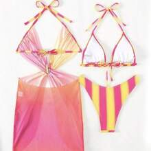 Nuevo traje de baño de tres piezas con falda de malla a rayas degradadas y diseño de corazón. - Bloqueo de color rosa - Ver 6